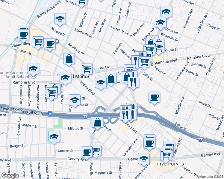 map of restaurants, bars, coffee shops, grocery stores, and more near 3550 Meeker Avenue in El Monte