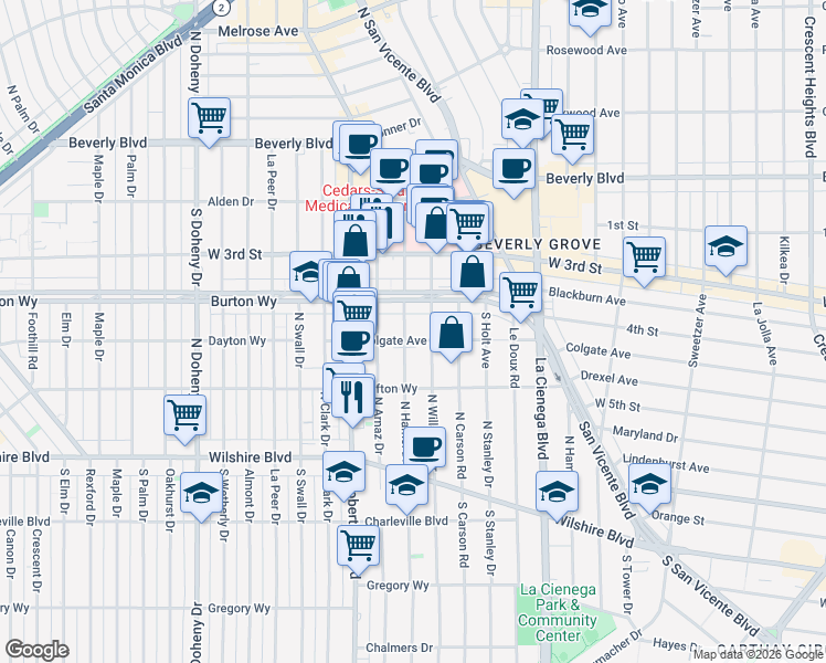 map of restaurants, bars, coffee shops, grocery stores, and more near 432 South Hamel Road in Los Angeles