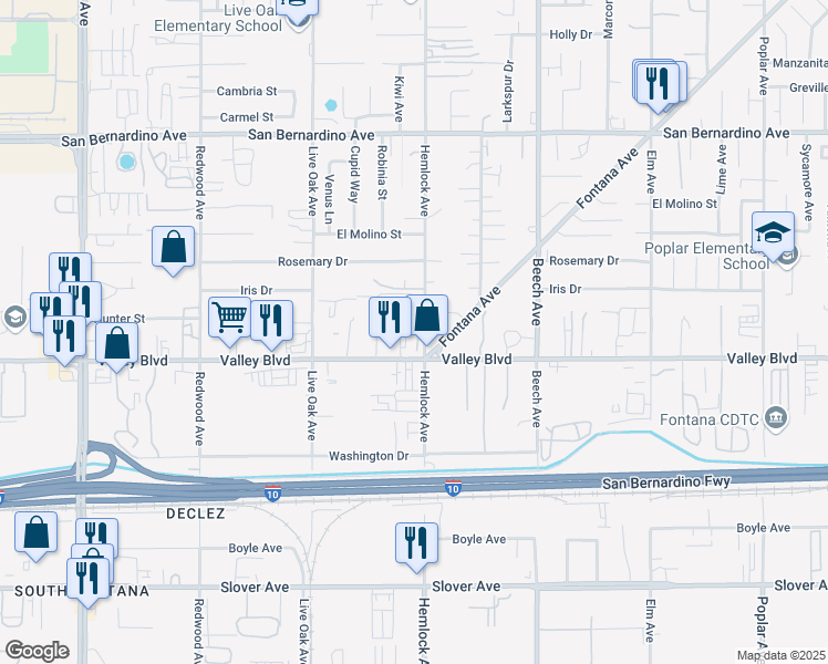 map of restaurants, bars, coffee shops, grocery stores, and more near 15082 Valley Boulevard in Fontana