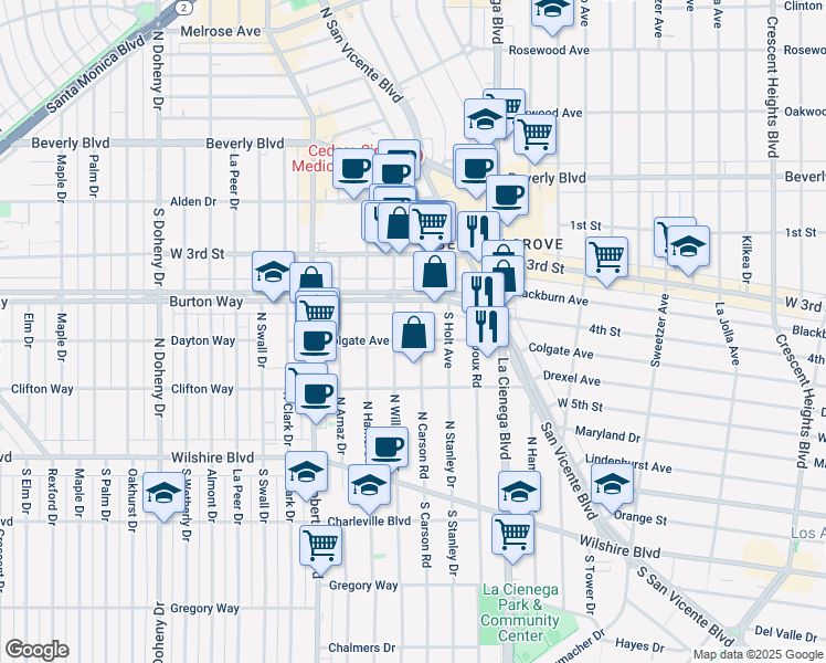 map of restaurants, bars, coffee shops, grocery stores, and more near 433 South Sherbourne Drive in West Hollywood