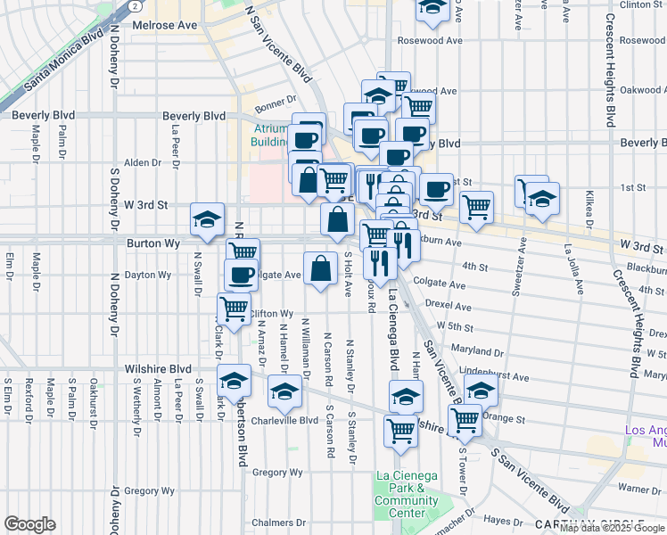 map of restaurants, bars, coffee shops, grocery stores, and more near 432 South Sherbourne Drive in Los Angeles