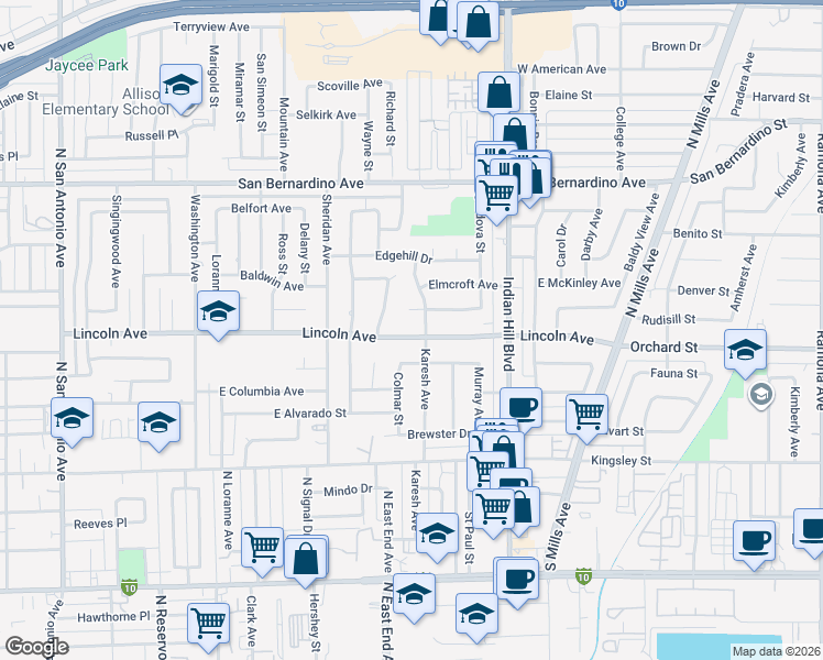 map of restaurants, bars, coffee shops, grocery stores, and more near 1365 Lincoln Avenue in Pomona
