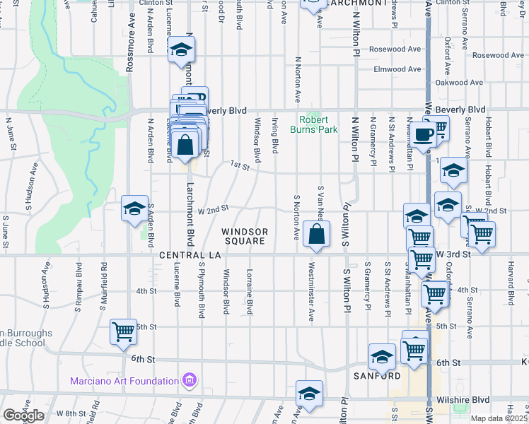 map of restaurants, bars, coffee shops, grocery stores, and more near 200 Lorraine Boulevard in Los Angeles