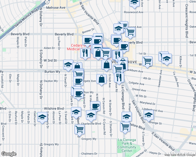 map of restaurants, bars, coffee shops, grocery stores, and more near 8603 Colgate Avenue in Los Angeles