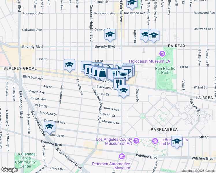map of restaurants, bars, coffee shops, grocery stores, and more near 7957 Blackburn Avenue in Los Angeles