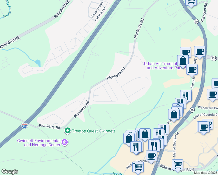 map of restaurants, bars, coffee shops, grocery stores, and more near 3438 Woodward Down Trail in Buford