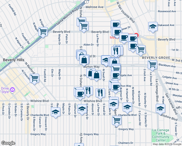 map of restaurants, bars, coffee shops, grocery stores, and more near 309 North Almont Drive in Beverly Hills