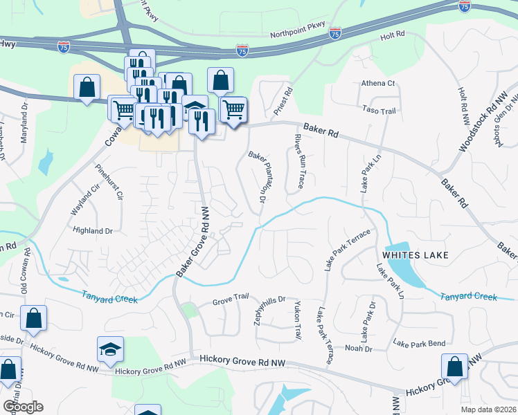 map of restaurants, bars, coffee shops, grocery stores, and more near 4805 Baker Plantation Drive in Acworth