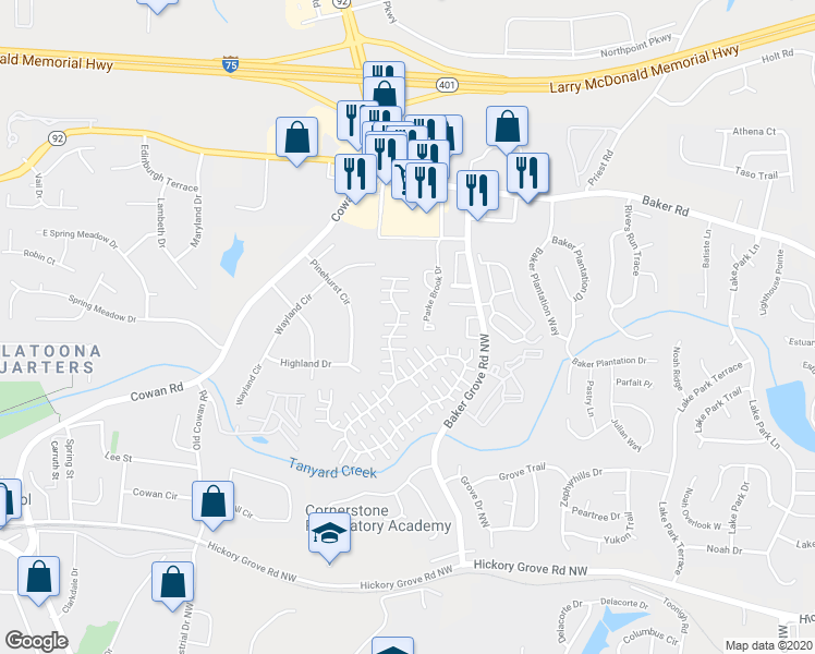 map of restaurants, bars, coffee shops, grocery stores, and more near 235 Windcroft Lane Northwest in Acworth