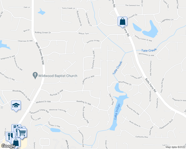 map of restaurants, bars, coffee shops, grocery stores, and more near 4845 Caboose Lane Northwest in Acworth