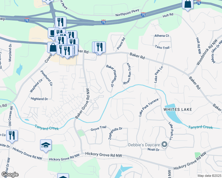 map of restaurants, bars, coffee shops, grocery stores, and more near 4805 Baker Plantation Drive in Acworth