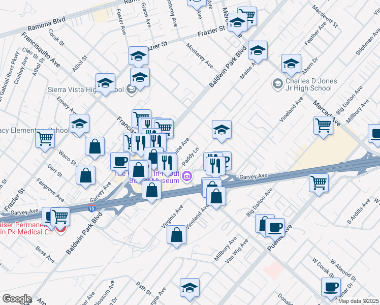 map of restaurants, bars, coffee shops, grocery stores, and more near 3151 Paddy Lane in Baldwin Park