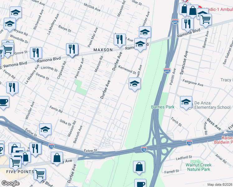map of restaurants, bars, coffee shops, grocery stores, and more near 3855 Gilman Road in El Monte