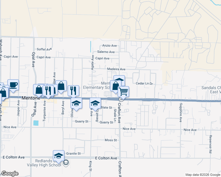 map of restaurants, bars, coffee shops, grocery stores, and more near 1365 Crafton Avenue in Mentone
