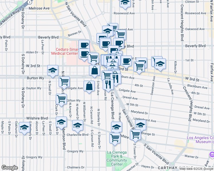 map of restaurants, bars, coffee shops, grocery stores, and more near 8500 Burton Way in Los Angeles