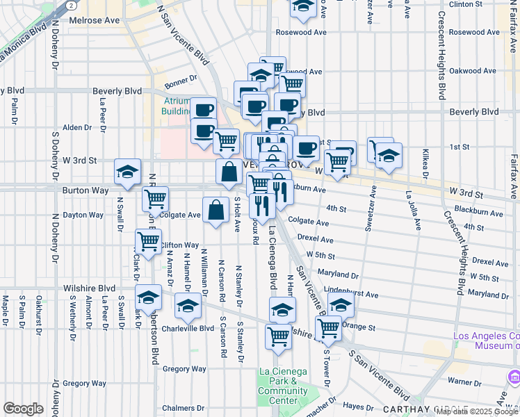map of restaurants, bars, coffee shops, grocery stores, and more near 8500 Burton Way in Los Angeles