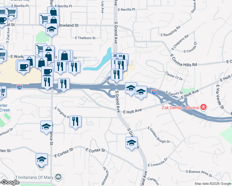 map of restaurants, bars, coffee shops, grocery stores, and more near 179 South Grand Avenue in West Covina