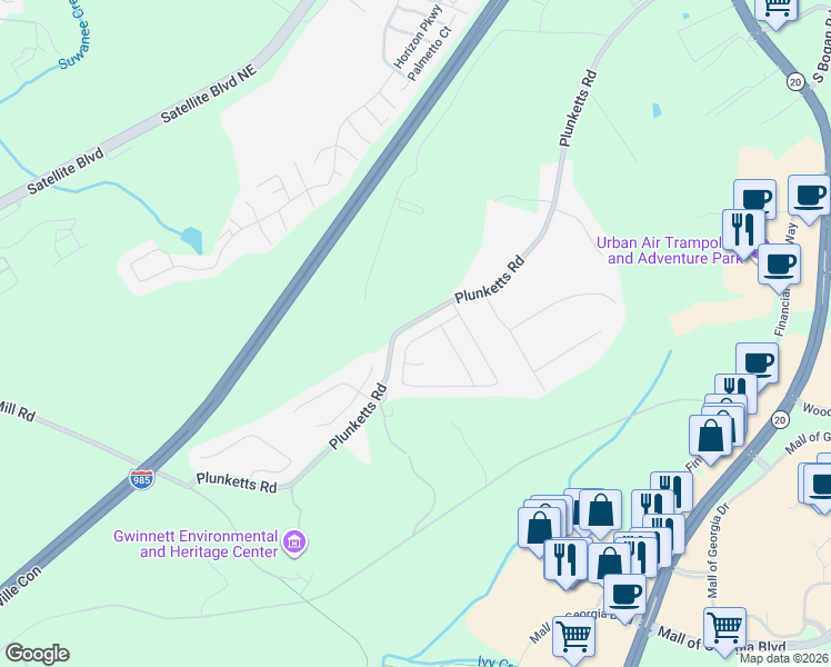map of restaurants, bars, coffee shops, grocery stores, and more near 2779 Woodward Down Trail in Buford