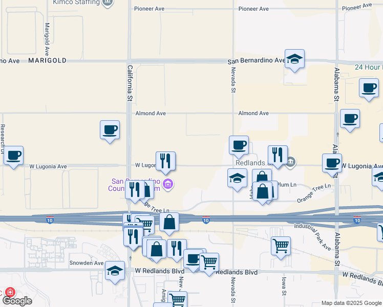 map of restaurants, bars, coffee shops, grocery stores, and more near 24000 West Lugonia Avenue in Redlands