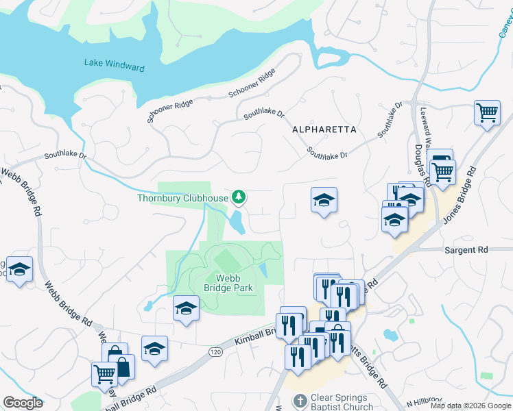 map of restaurants, bars, coffee shops, grocery stores, and more near 230 Foxthorne Way in Alpharetta
