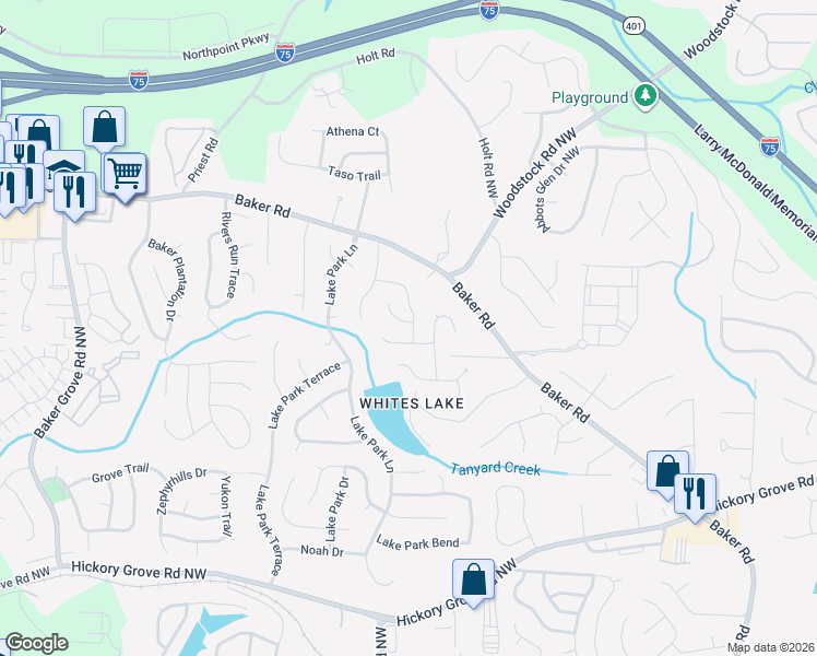 map of restaurants, bars, coffee shops, grocery stores, and more near 2951 Lighthouse Court in Acworth
