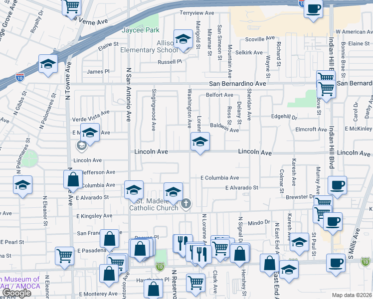 map of restaurants, bars, coffee shops, grocery stores, and more near 1211 Washington Avenue in Pomona