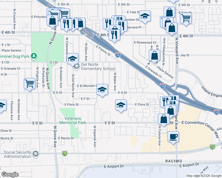 map of restaurants, bars, coffee shops, grocery stores, and more near 1443 East G Street in Ontario