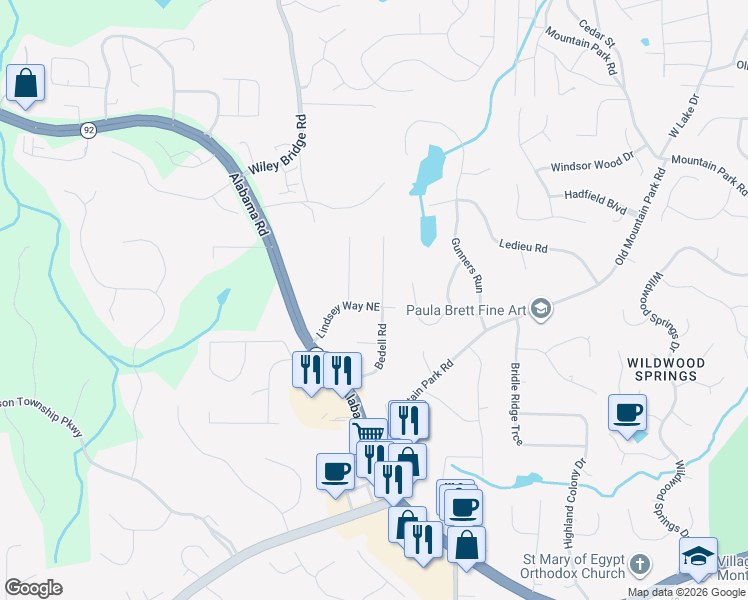 map of restaurants, bars, coffee shops, grocery stores, and more near 4981 Bedell Road in Roswell