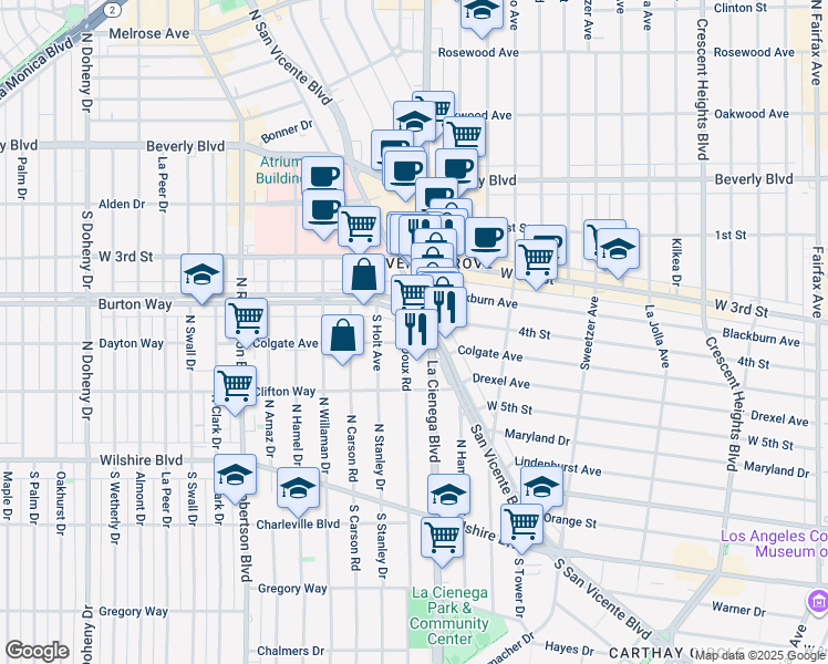 map of restaurants, bars, coffee shops, grocery stores, and more near 8500 Burton Way in Los Angeles