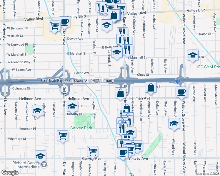 map of restaurants, bars, coffee shops, grocery stores, and more near 3440 Eckhart Avenue in Rosemead