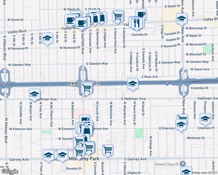 map of restaurants, bars, coffee shops, grocery stores, and more near 308 East Ramona Road in Alhambra