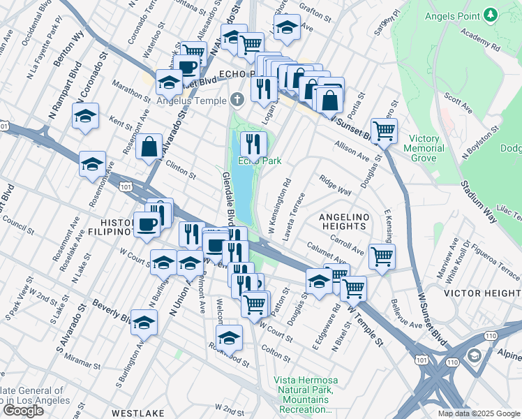 map of restaurants, bars, coffee shops, grocery stores, and more near 650 Echo Park Avenue in Los Angeles