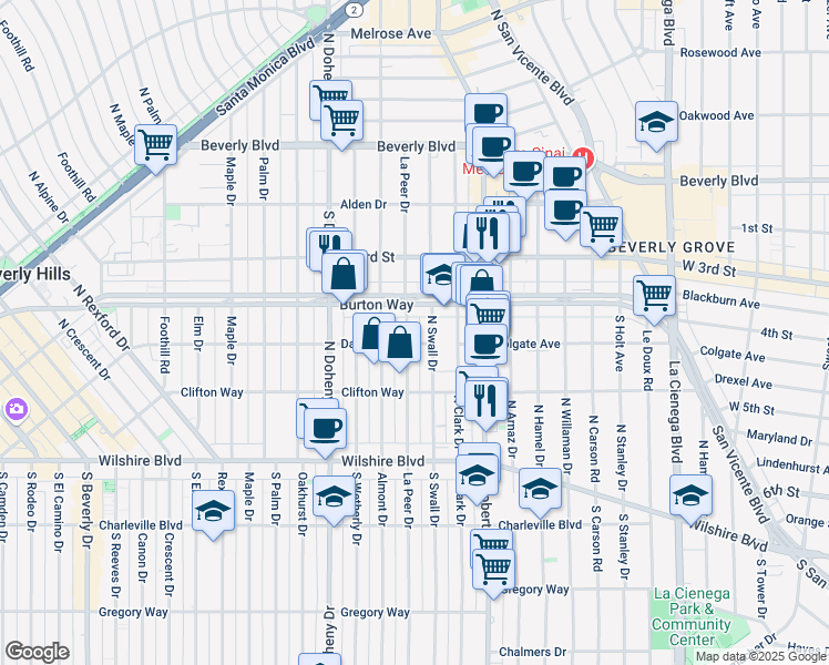 map of restaurants, bars, coffee shops, grocery stores, and more near 303 North Swall Drive in Beverly Hills