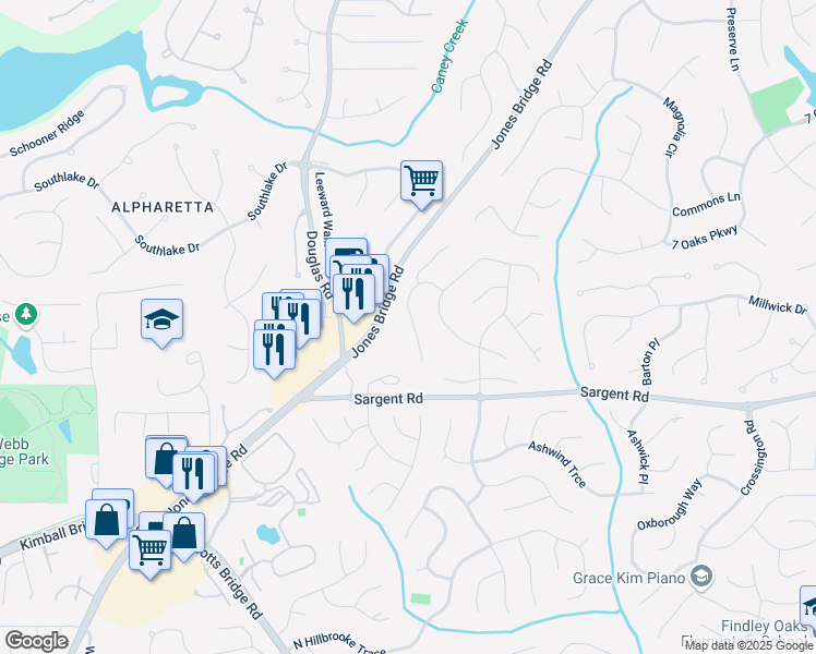 map of restaurants, bars, coffee shops, grocery stores, and more near 12250 Broadleaf Lane in Alpharetta