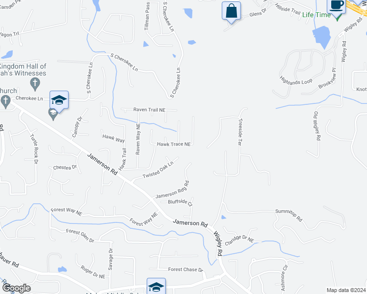 map of restaurants, bars, coffee shops, grocery stores, and more near 2736 Hawk Trace Northeast in Marietta