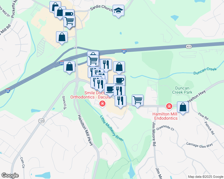 map of restaurants, bars, coffee shops, grocery stores, and more near 2055 Hamilton Creek Parkway in Dacula