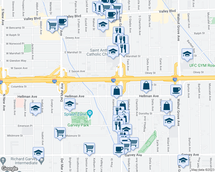 map of restaurants, bars, coffee shops, grocery stores, and more near 3446 Eckhart Avenue in Rosemead