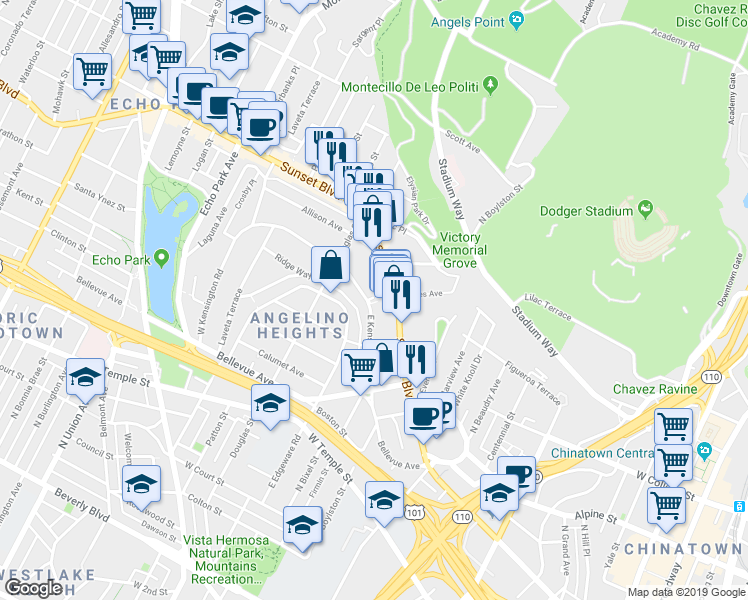 map of restaurants, bars, coffee shops, grocery stores, and more near 802 East Kensington Road in Los Angeles