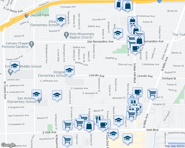 map of restaurants, bars, coffee shops, grocery stores, and more near 1225 Sheridan Avenue in Pomona