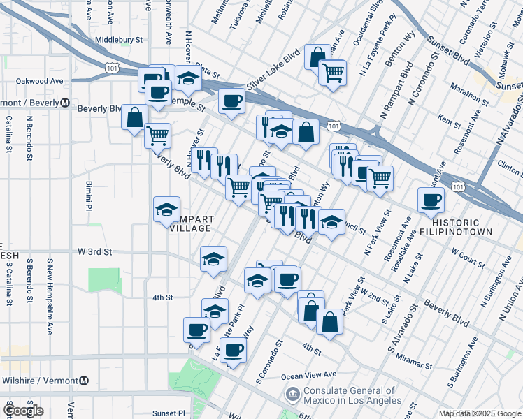 map of restaurants, bars, coffee shops, grocery stores, and more near in Los Angeles