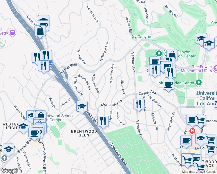 map of restaurants, bars, coffee shops, grocery stores, and more near 255 South Bentley Avenue in Los Angeles