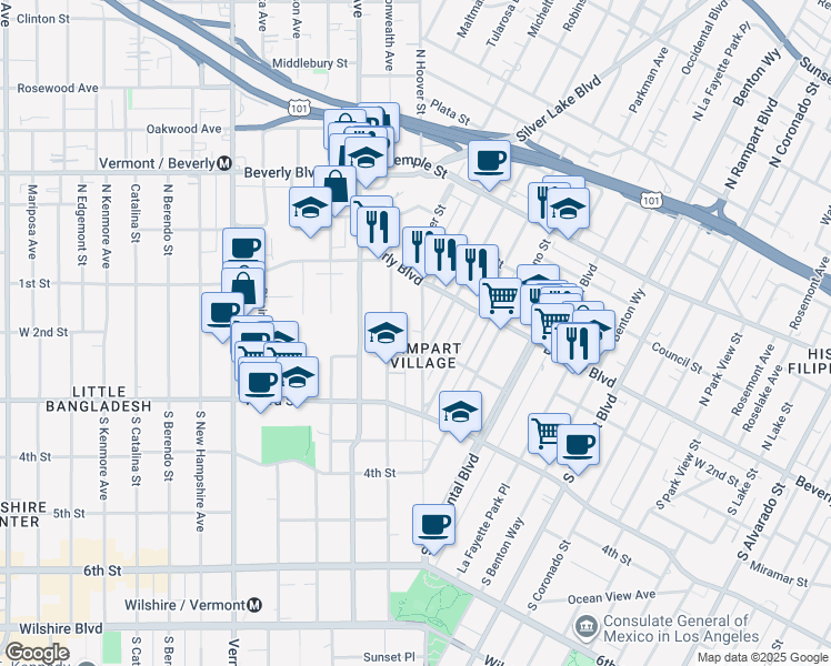 map of restaurants, bars, coffee shops, grocery stores, and more near 157 South Hoover Street in Los Angeles