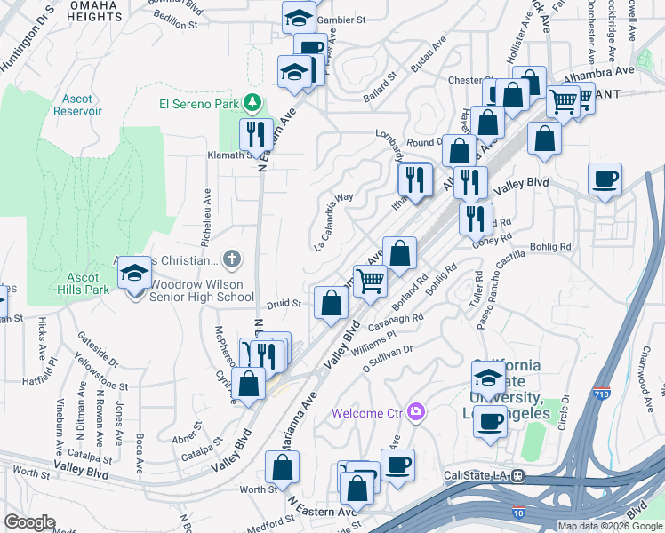 map of restaurants, bars, coffee shops, grocery stores, and more near 5017 Ithaca Avenue in Los Angeles