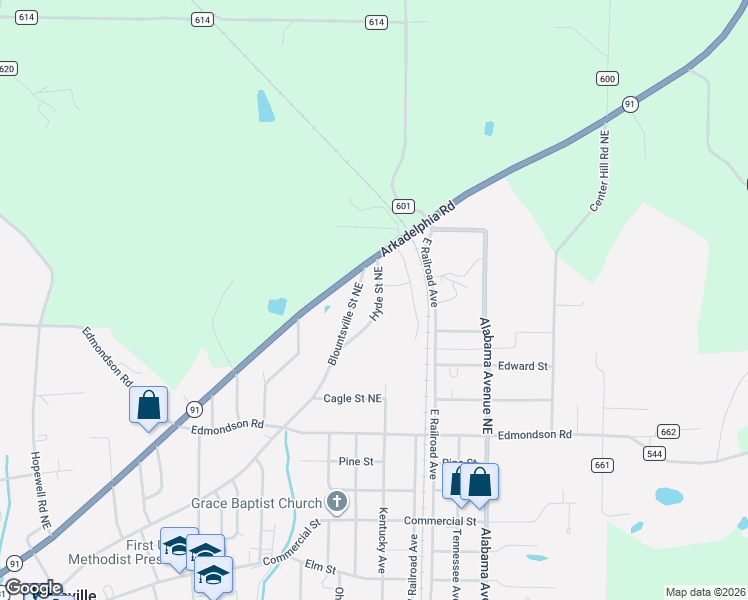 map of restaurants, bars, coffee shops, grocery stores, and more near 110 Hyde Street Northeast in Hanceville
