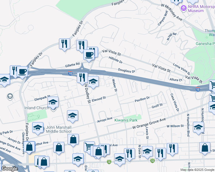 map of restaurants, bars, coffee shops, grocery stores, and more near 1319 Jacqueline Drive in Pomona
