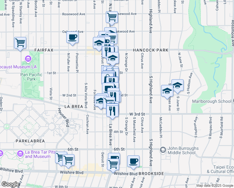 map of restaurants, bars, coffee shops, grocery stores, and more near 181 South Sycamore Avenue in Los Angeles