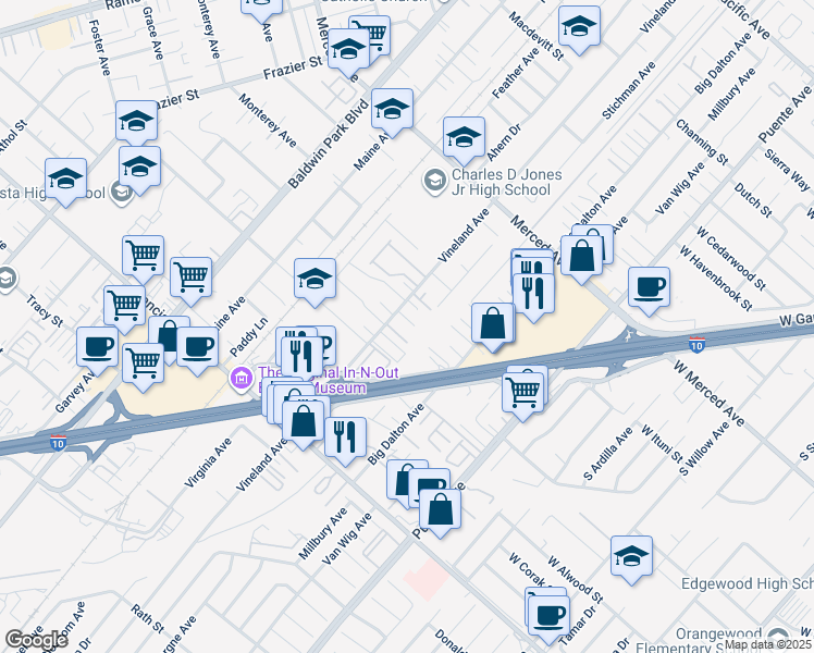 map of restaurants, bars, coffee shops, grocery stores, and more near 3146 Vineland Avenue in Baldwin Park