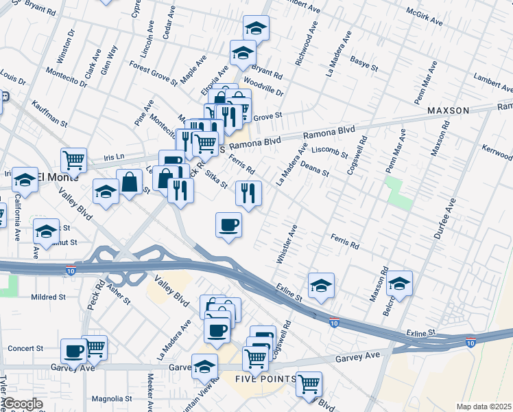 map of restaurants, bars, coffee shops, grocery stores, and more near 11745 Sitka Street in El Monte