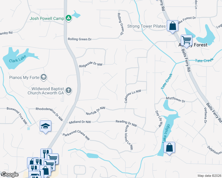 map of restaurants, bars, coffee shops, grocery stores, and more near 1360 Summit Lane Northwest in Acworth