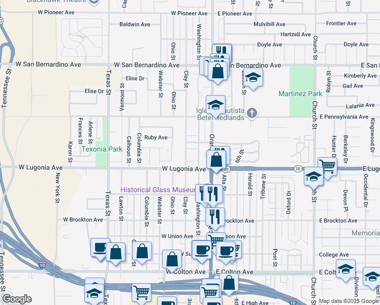 map of restaurants, bars, coffee shops, grocery stores, and more near 1324 Clay Street in Redlands